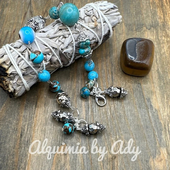 Turquoise silveycharms rosary link adjustable dainty bracelet maximalist - Picture 4 of 12